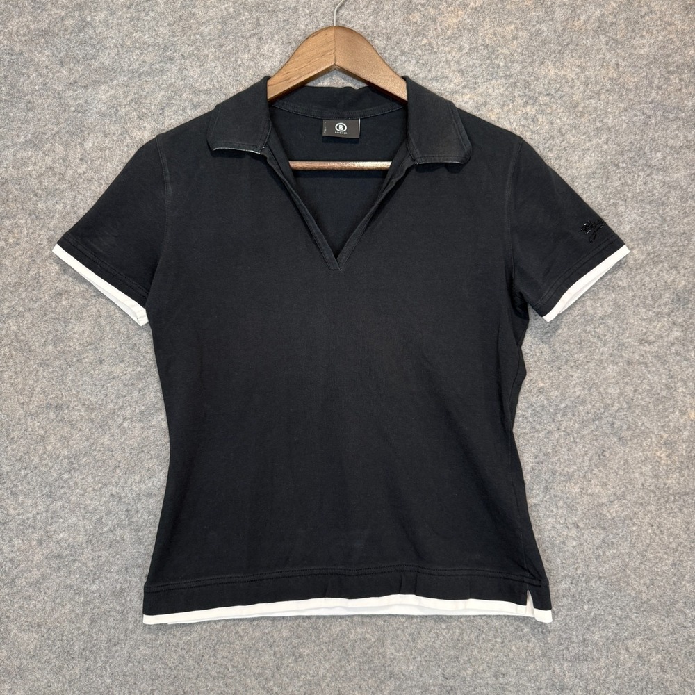 Bogner V Neck Polo Shirt Womens 38 US 8 Johny Collar Designer Knit Black Beaded